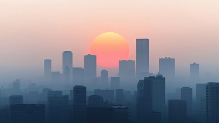 Fototapeta premium City skyline at sunset with hazy atmosphere and skyscrapers silhouetted.
