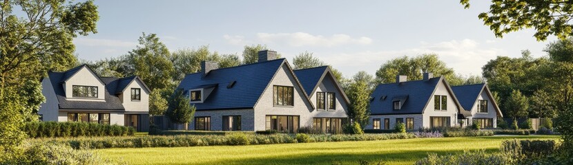Fototapeta premium Row of modern suburban houses with blue roofs, set in a lush green landscape under a clear sky.