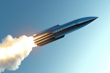 Fototapeta premium A metallic arrow with a bright, ignited flame at its base, resembling the bottom of a rocket during launch. The number flys through the air, with billowing white smoke beneath it, set against a blue 