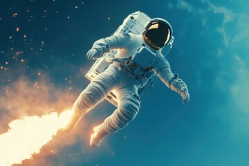Fototapeta premium Astronaut is on a mission in space and flys on top of a rocket. Surreal image of space exploration