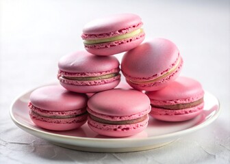 Obraz premium Exquisite Pink Macarons on a White Plate - Low Light Photography Enhancing Sweet Delicacies