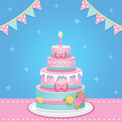 Beautiful colorful four tier Birthday cake with candle, pink bow and flowers. Poster, Banner, Flyer, Greeting Card. Vector illustration in flat cartoon style.