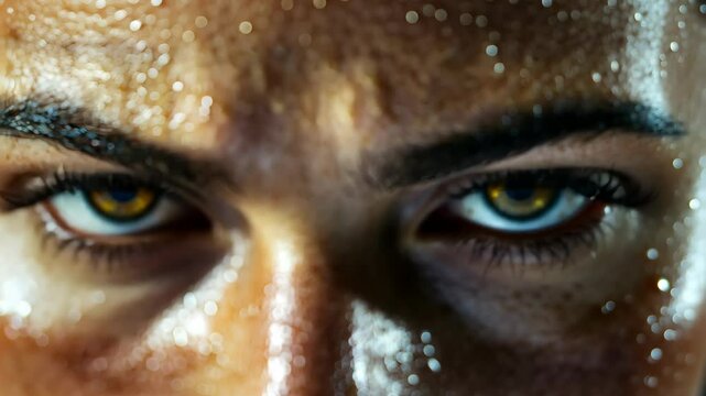 A close-up of a person's face, covered in sweat after a strenuous workout