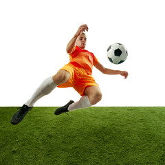 Naklejka premium Focused soccer player executing perfect high kick, showing agility and determination in pursuit of victory. Dynamic photo. Concept of competition, sport games, movement, energy. Ad.