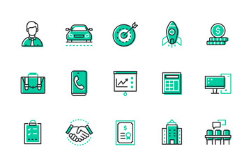 Business and entrepreneurship - set of line design style icons isolated on white background. High quality images of goal, startup, schedule, conference table, office work manager and handshake