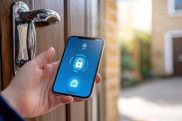 Hand holds a mobile phone up in front of a door to a house. A big chrome handle is in the background. The smartphone runs an app to control the digital lock in the door