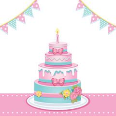 Beautiful colorful four tier Birthday cake with candle, pink bow and flowers. Poster, Banner, Flyer, Greeting Card. Vector illustration in flat cartoon style.