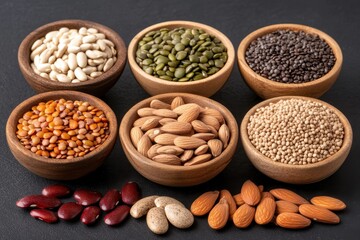 Naklejka premium Assorted nuts and seeds in wooden bowls