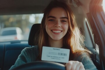 Portrait of a female student passing her driving test after a young driving instructor graded her. Holding her new driver's license 
