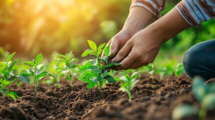 Person planting trees surrounded by nature, warm evening light, lush greenery and soil