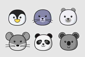 Set of cute animal head, Cartoon animal face collection, Cute and friendly wild animals in line drawing style, with penguin, seals, polar bear, mouse, panda, koalas. Vector design illustration.