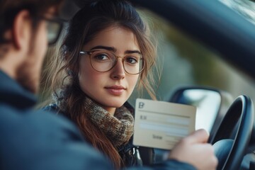 Portrait of a female student passing her driving test after a young driving instructor graded her. Holding her new driver's license