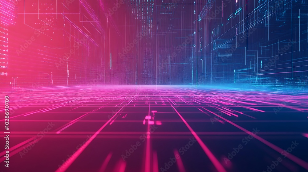 Aufkleber abstract futuristic digital landscape with glowing lines and code.