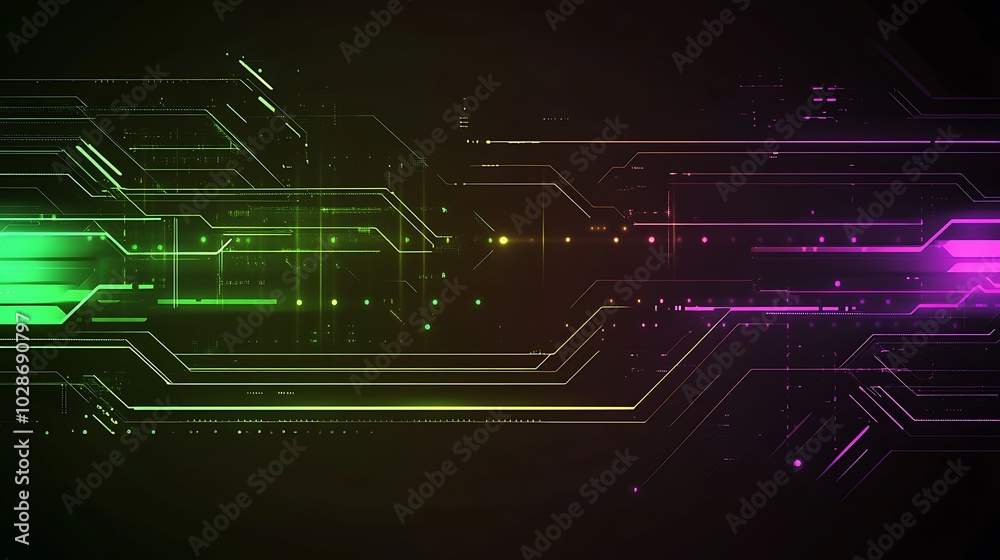 Poster abstract futuristic glowing circuit board pattern with green and purple lines.