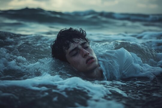Young man drowning in the sea