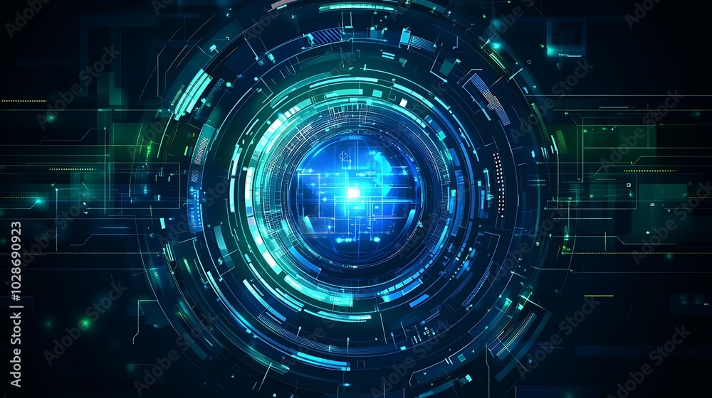 Poster abstract futuristic technology background with glowing blue and green circles, lines, and patterns.