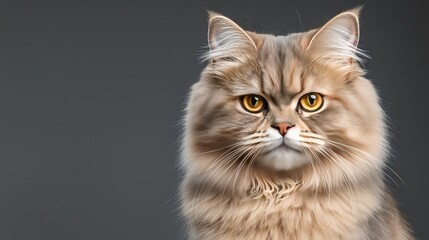 Fluffy cat with striking yellow eyes, isolated on a dark background