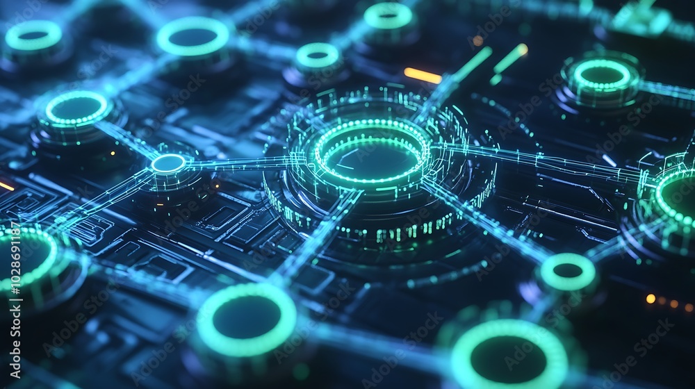 Poster abstract futuristic technology background with glowing neon lights and circuit board.