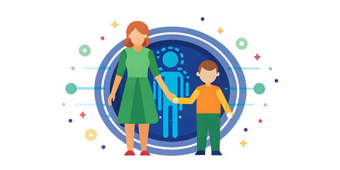 Naklejka premium Macro shot close up of mother and baby holding hands with a futuristic holographic interface in the background symbolizing love, family connection, and modern technology with text space for stock phot