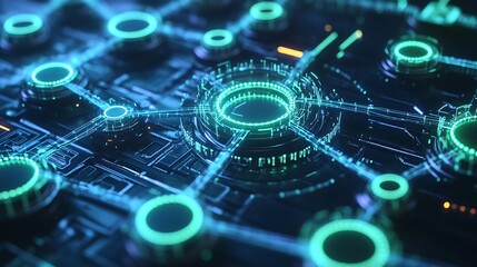 Abstract futuristic technology background with glowing neon lights and circuit board.