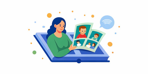 Close Up of Mother and Baby Interacting with Holographic Family Album in Futuristic Setting - Macro Shot Featuring Floating Old Photos and Text Space