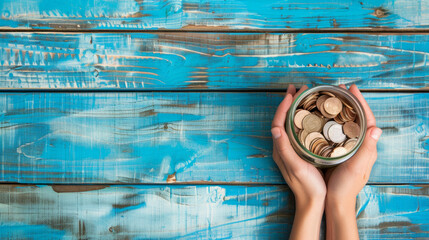 Hands holding a jar of coins on a rustic blue wooden table for fundraising support during a charity event