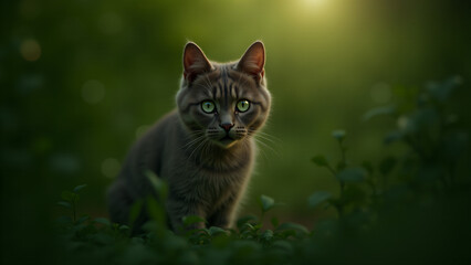 Obraz premium A Captivating Image of a Cat with Bright Glowing Eyes Gracefully Sitting Under a Soft Light