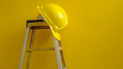 A bright yellow hard hat resting on a step ladder against a vibrant yellow wall showcasing a safety message space