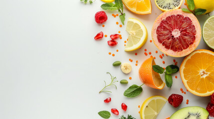 Fresh fruits and herbs arranged beautifully for health promotion on a clean, white surface