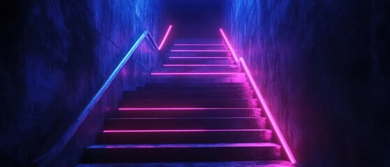 Abstraction, futuristic city of concrete and neon. Night city view, stairs up, illumination. Dark street, abstract scene, neon rays