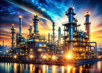 Fototapeta premium Future Factory Plant and Energy Industry Concept - Macro Photography of Oil, Gas, and Petrochemical Refinery with Double Exposure Art Illustrating Next-Gen Power and Energy Business
