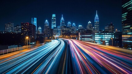 Illuminated City Skyline with Dynamic Traffic Trails: Urban Technology Concept