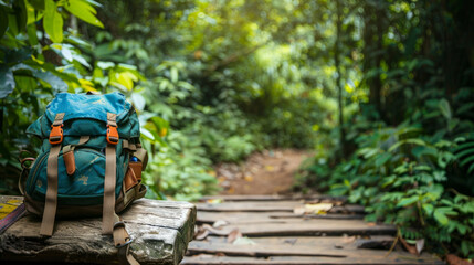 Explore the wilderness with a backpack sitting on a wooden path through lush green foliage in the heart of nature during daylight