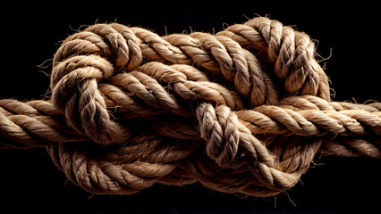 Intricate Knot of Strength: A Close-Up of a Thick, Tightly Tied Rope Made from Natural Jute and Hemp Fibers, Showcasing Rough Texture, Visible Fibers, and Detailed Craftsmanship Against a Dark