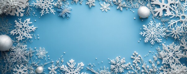Winter wonderland background with white snowflakes and silver ornaments on a serene blue backdrop illustrating seasonal festivities