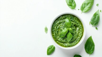 Fresh Green Basil Pesto in White Bowl