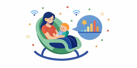 Obraz premium Mother Gently Rocking Baby in Voice Controlled Smart Rocker Amid Digital Analytics of Sleep & Movement - A Blend of Love and Technology