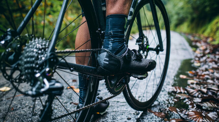 Fototapeta premium Cyclist repairing a bike chain in the rain while on a forested country road during a cool autumn day
