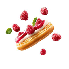 Flying raspberry éclair, isolated on a white background, gracefully floating in mid-air. cutout png