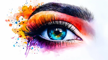 Vibrant watercolor eye illustration with colorful splashes.