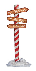 Watercolor Christmas wooden sign board to North pole. Winter holiday road pointer, Santa Claus workshop arrow.
