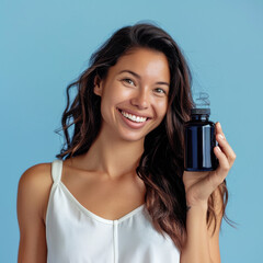 A woman holding up an empty dark blue supplement bottle, closeup of the product in her hand, wearing light colored , looking at the camera with a happy expression, solid color background