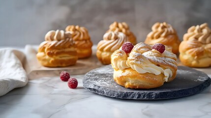 Cream puffs topped with whipped cream and raspberries, pastries for afternoon tea or coffee breaks, dessert food print for National Cream Puff Day and National Pastry Day
