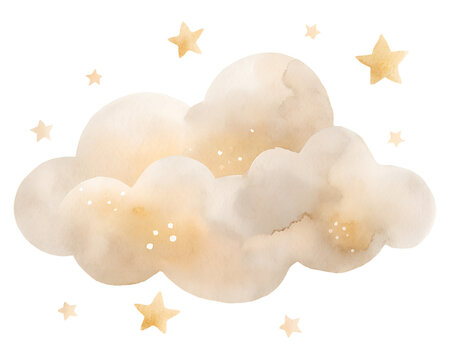 Watercolor illustration with beige cloud and stars. Isolated on transparent background. Perfect for card, postcard, tags, invitation, printing, wrapping	
