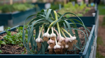 Fresh garlic bulbs growing in a garden bed, showcasing vibrant green leaves and a rich soil background. Perfect for organic gardening.