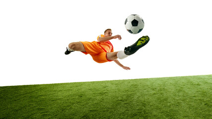 Dynamic moment of leaping kick. Action shot highlights energy and excitement of football match in progress. Concept of competition, sport games, movement, energy. Ad.