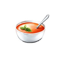 Watercolor-style tomato soup, isolated on a white background, illustrated with soft brush strokes and rich colors capturing its essence. cutout png