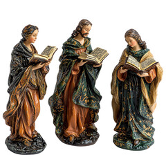Three intricately detailed figurines depicting individuals reading sacred texts, showcasing fine craftsmanship and artistry.