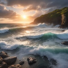 Fototapeta premium Sunrise over the turbulent sea