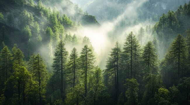 A dense forest of tall trees, with misty mountains in the background. Sunlight filters through the fog.